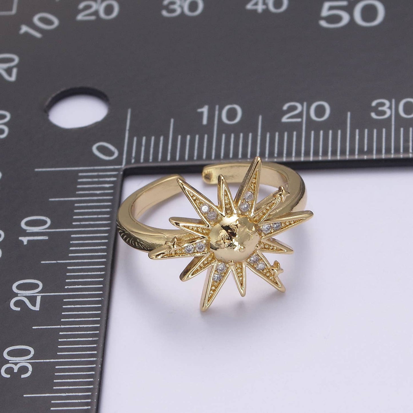 Elegant Micro Pave Gold Sunburst Adjustable Statement Ring