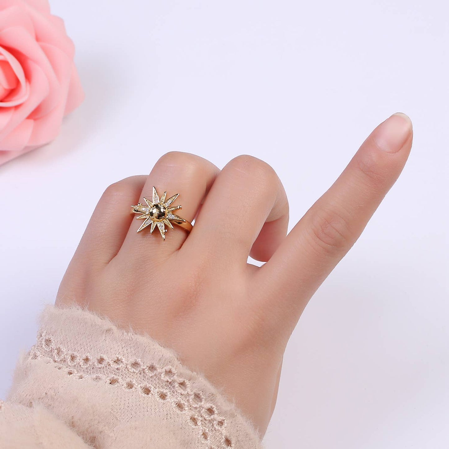 Elegant Micro Pave Gold Sunburst Adjustable Statement Ring