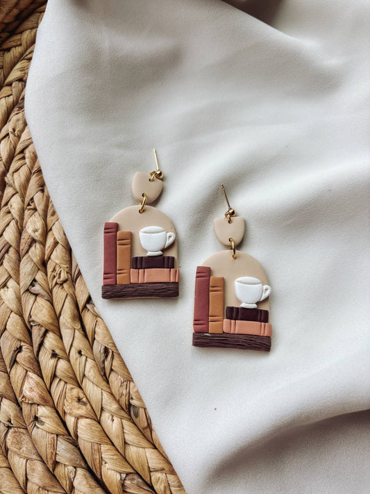 Autumn Coffee Bookshelf Earrings, Bookish, Fall Earrings